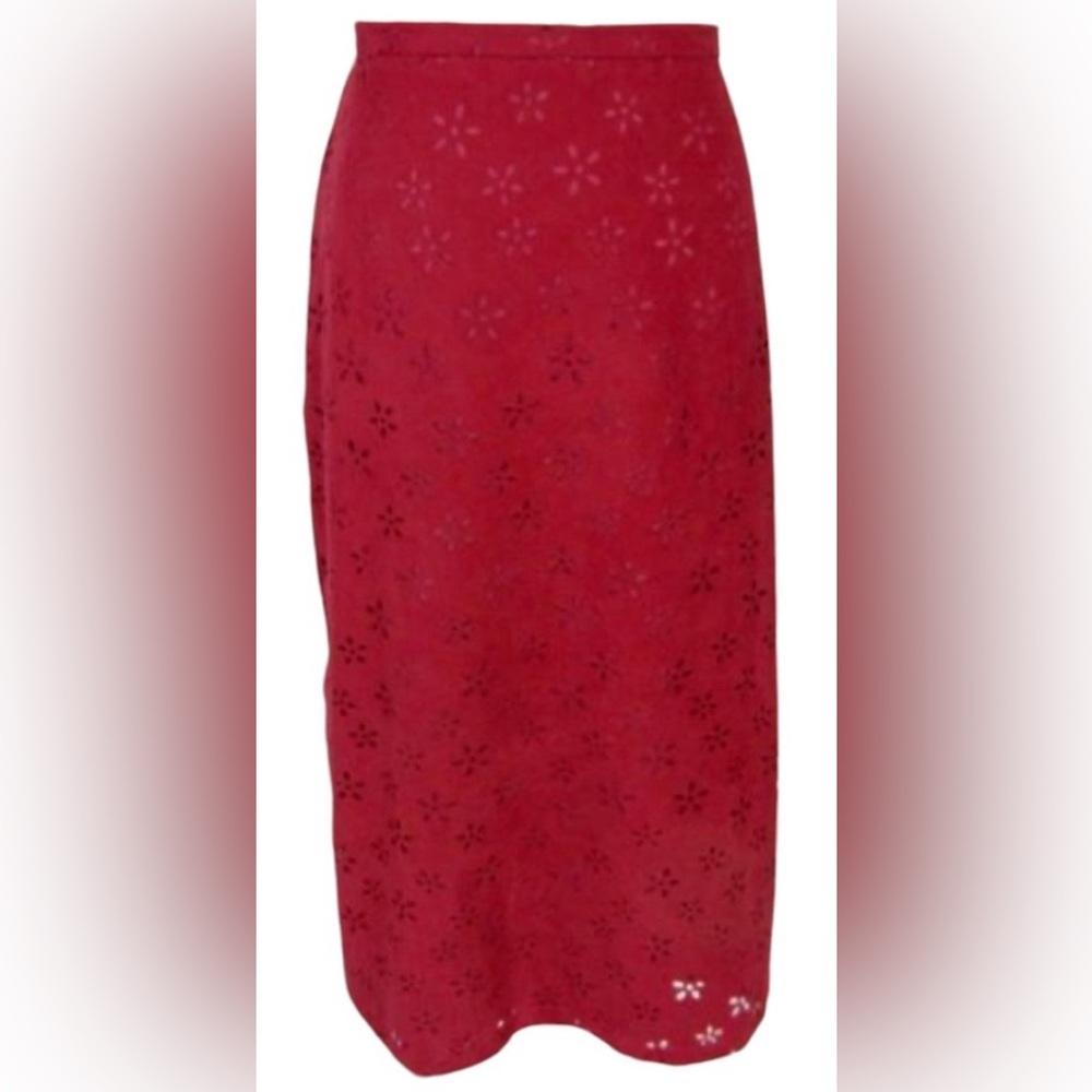 COLDWATER CREEK LASER CUT FAUX SUEDE FLORAL SKIRT PENCIL WOMEN LARGE (14-16) RED